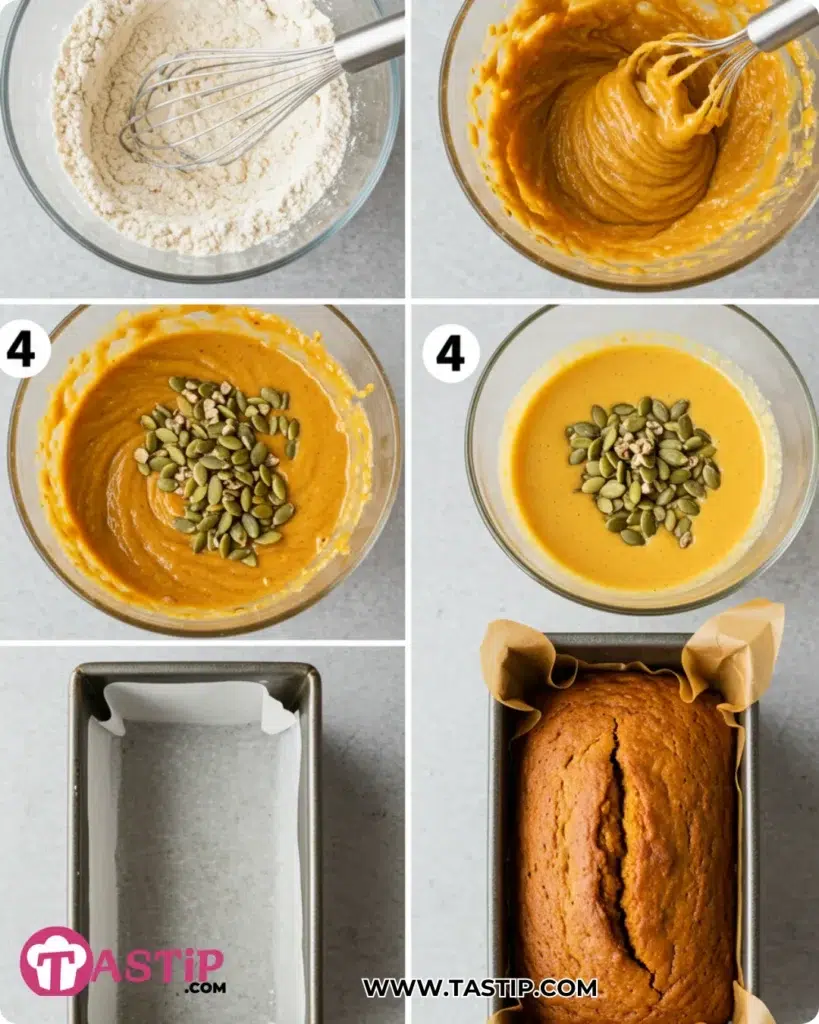 Healthy Pumpkin Bread 10 Step-by-step Healthy Pumpkin Bread process from mixing to baked loaf