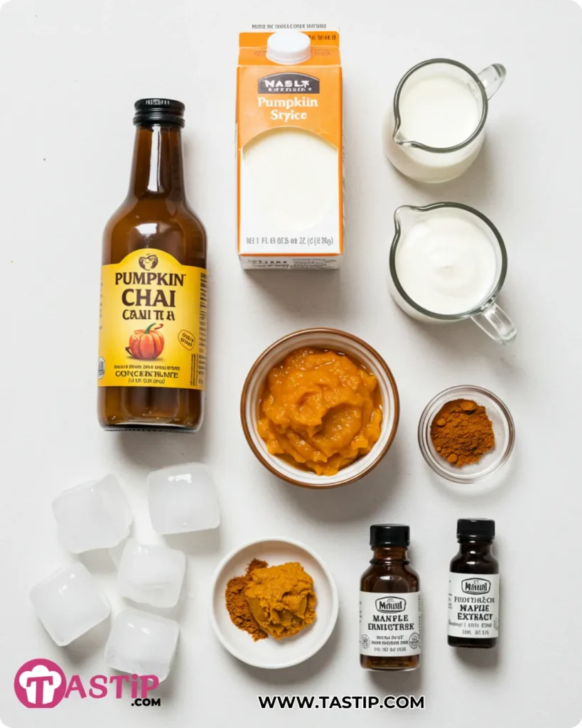 Iced Pumpkin Cream Chai Tea 9 Ingredients for Iced Pumpkin Cream Chai Tea measured and grouped