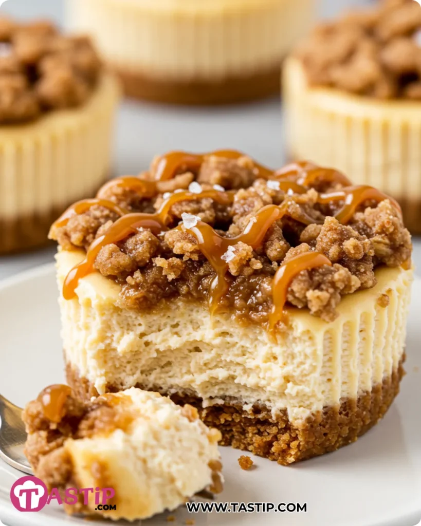 Mini Apple Crisp Cheesecake with caramel drizzle and crunchy topping