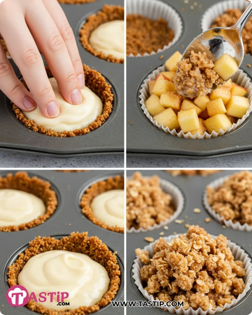 Step-by-step layers for Mini Apple Crisp Cheesecake