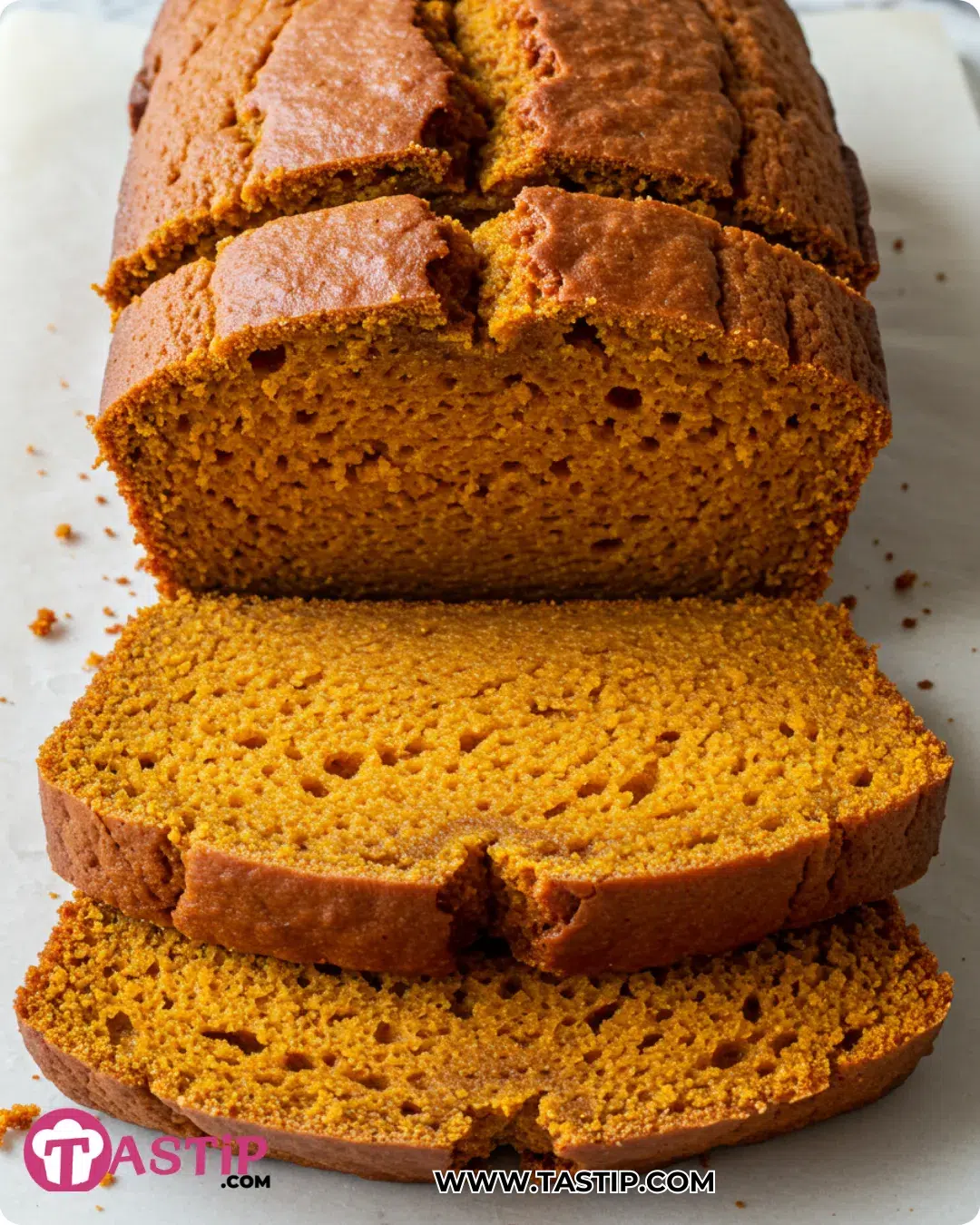Moist Spiced Pumpkin Bread slices with crackly top and soft crumb