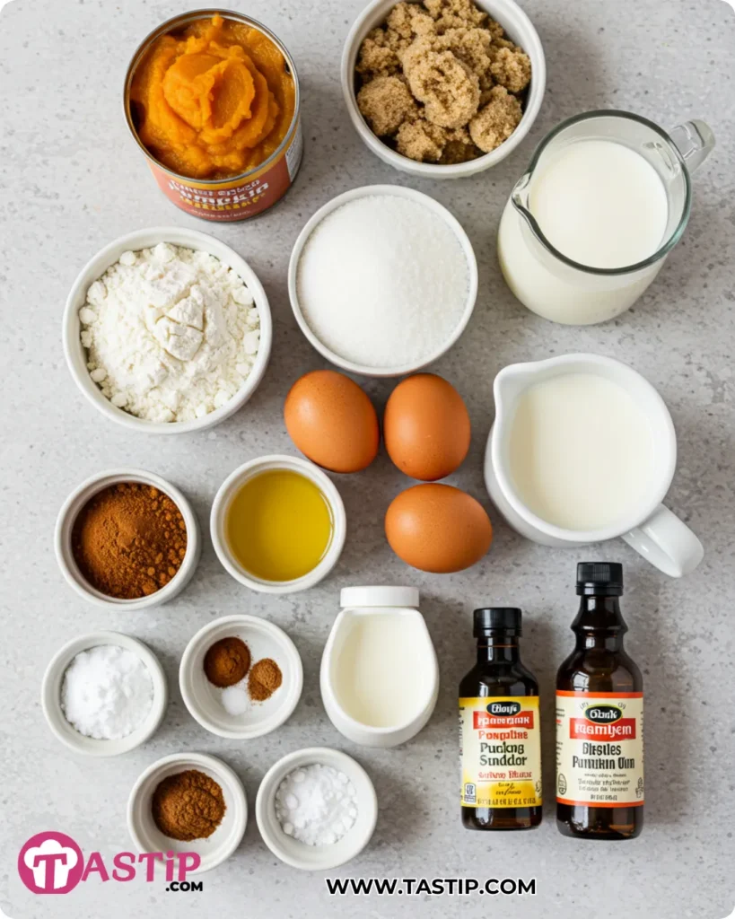 Moist Spiced Pumpkin Bread 9 Ingredients for Moist Spiced Pumpkin Bread arranged overhead