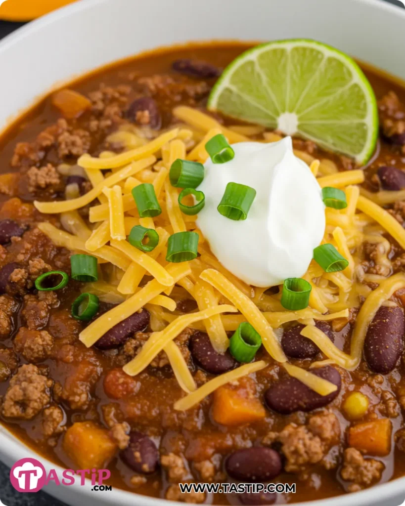 Pumpkin Chili 11 Pumpkin Chili ladled into a bowl with toppings ready