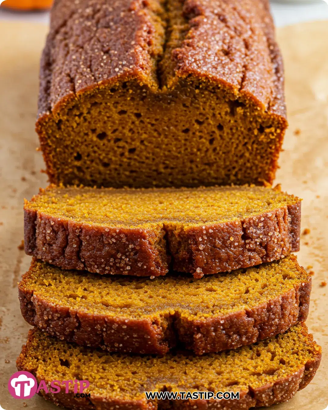 Homemade Pumpkin Bread sliced loaf with crackly cinnamon top