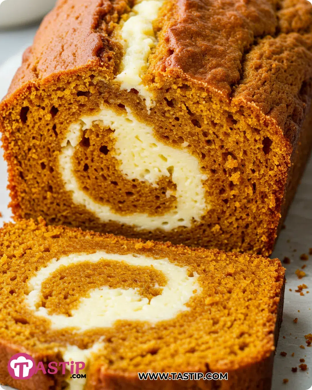Text: Pumpkin Cream Cheese Bread with defined creamy swirl