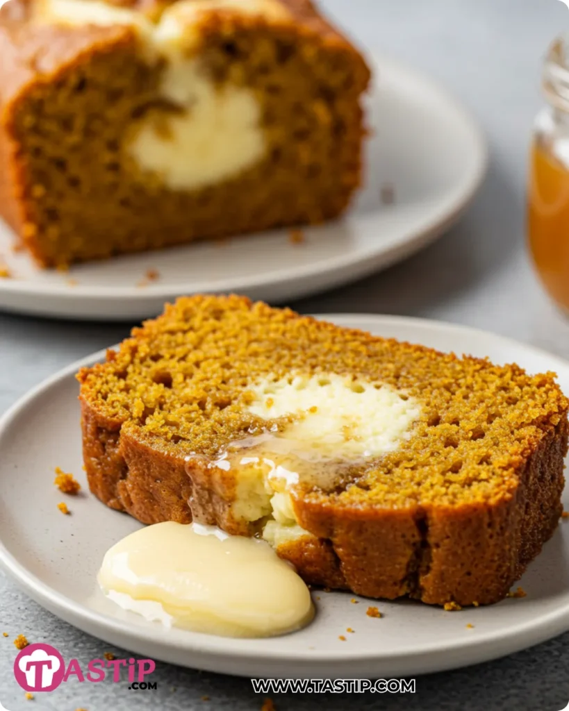 Pumpkin Cream Cheese Bread 11 Slice of Pumpkin Cream Cheese Bread showing creamy swirl
