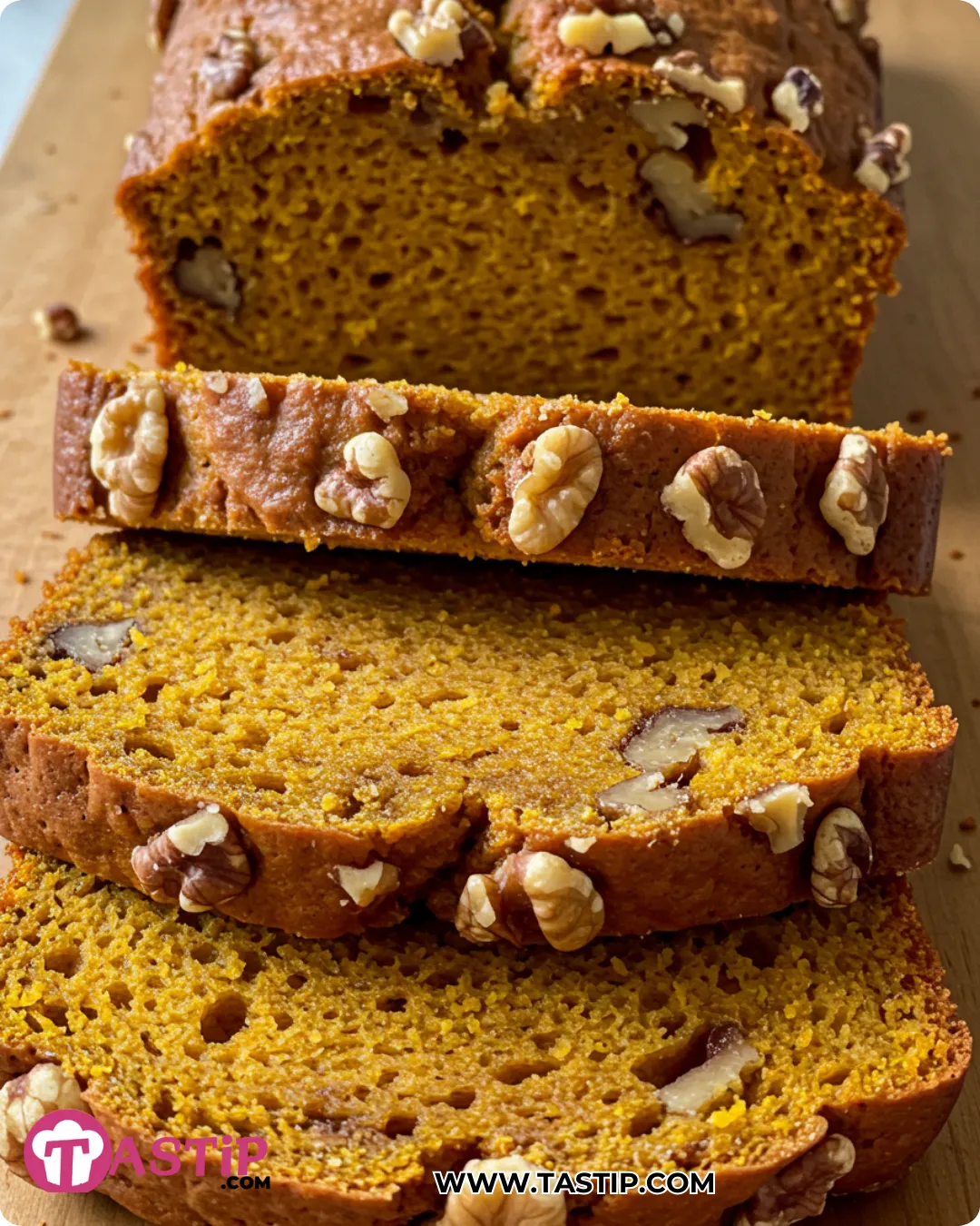 Pumpkin Walnut Bread slices with moist crumb and walnuts