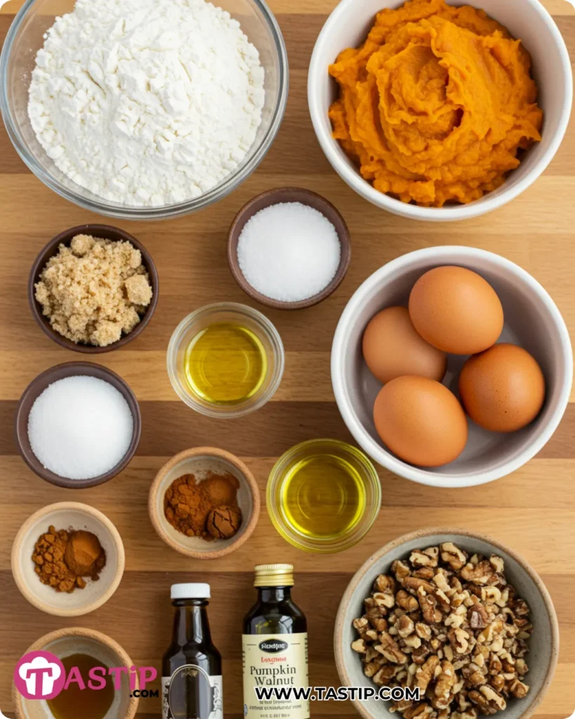 Pumpkin Walnut Bread 8 Pumpkin Walnut Bread ingredients measured and labeled