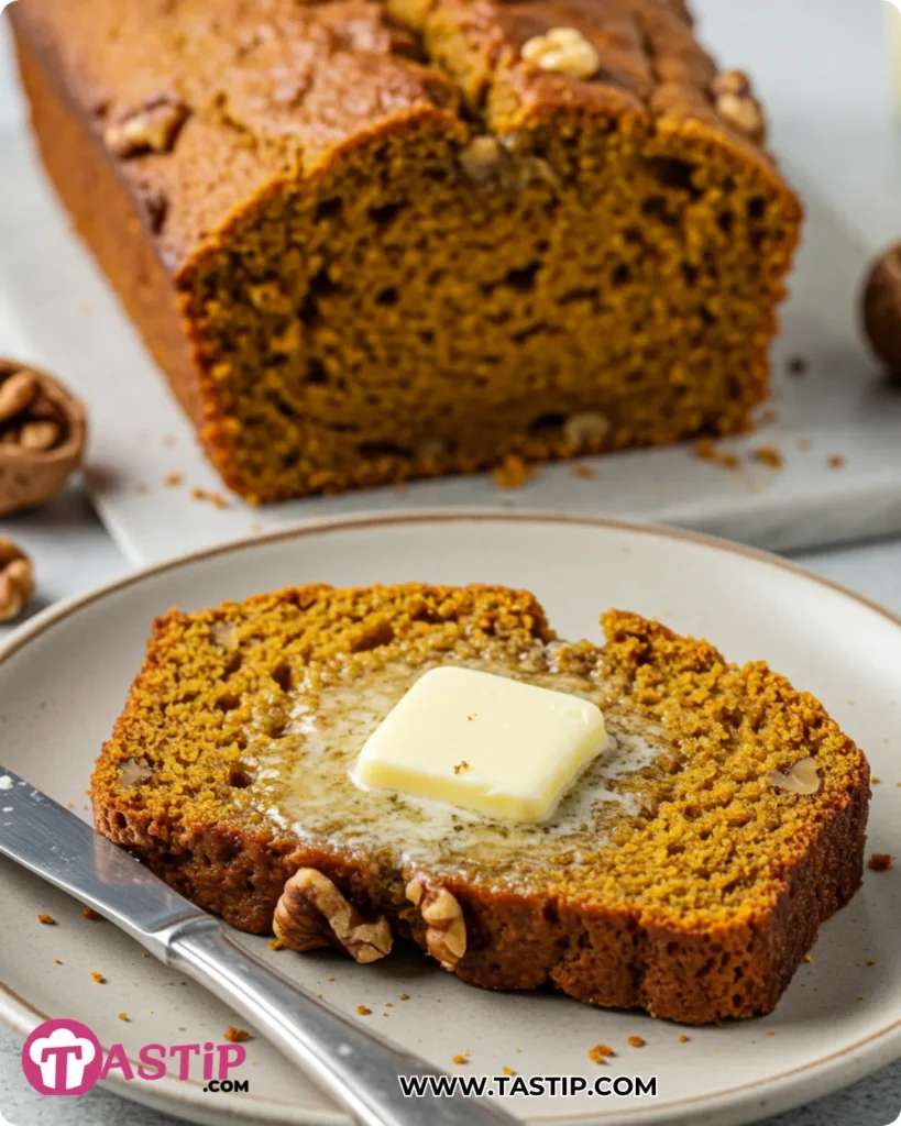 Pumpkin Walnut Bread 10 Warm slice of Pumpkin Walnut Bread with melting butter