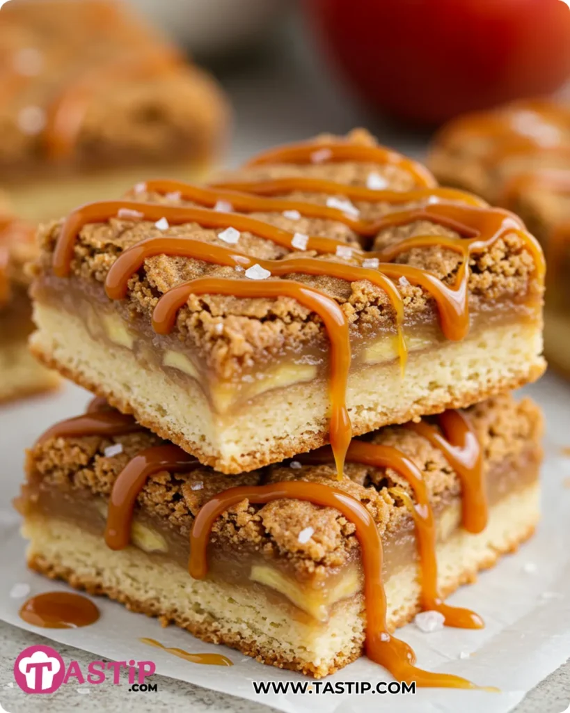 Salted Caramel Apple Bars with layers and caramel drizzle