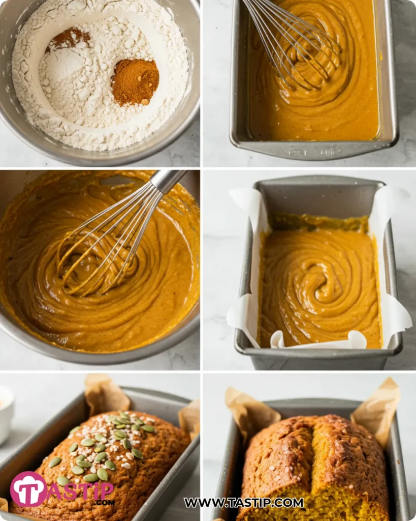 Spiced Pumpkin Bread 10 Step-by-step Spiced Pumpkin Bread process from mixing to baked loaf