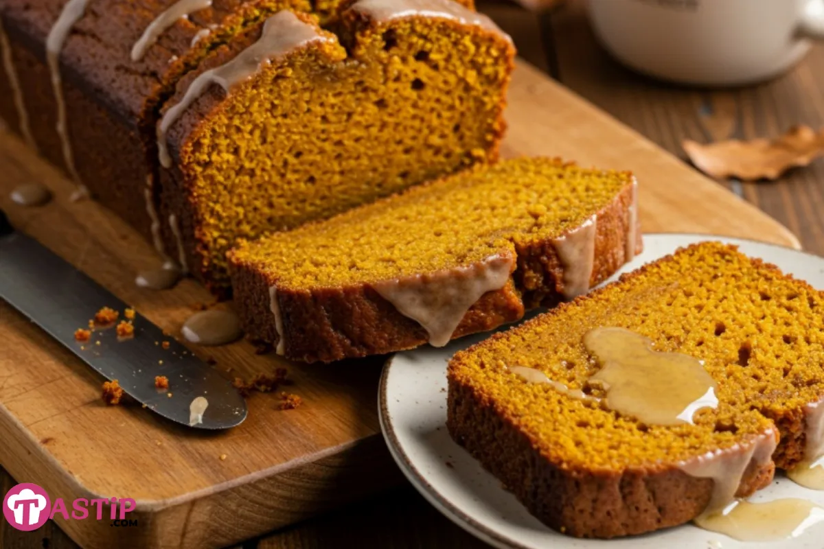 Close-up of a loaf of super moist homemade pumpkin bread on a wooden board, with several thick slices cut and a single slice on a plate