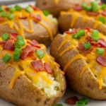 Loaded baked potatoes bacon cheddar served hot on a rustic table