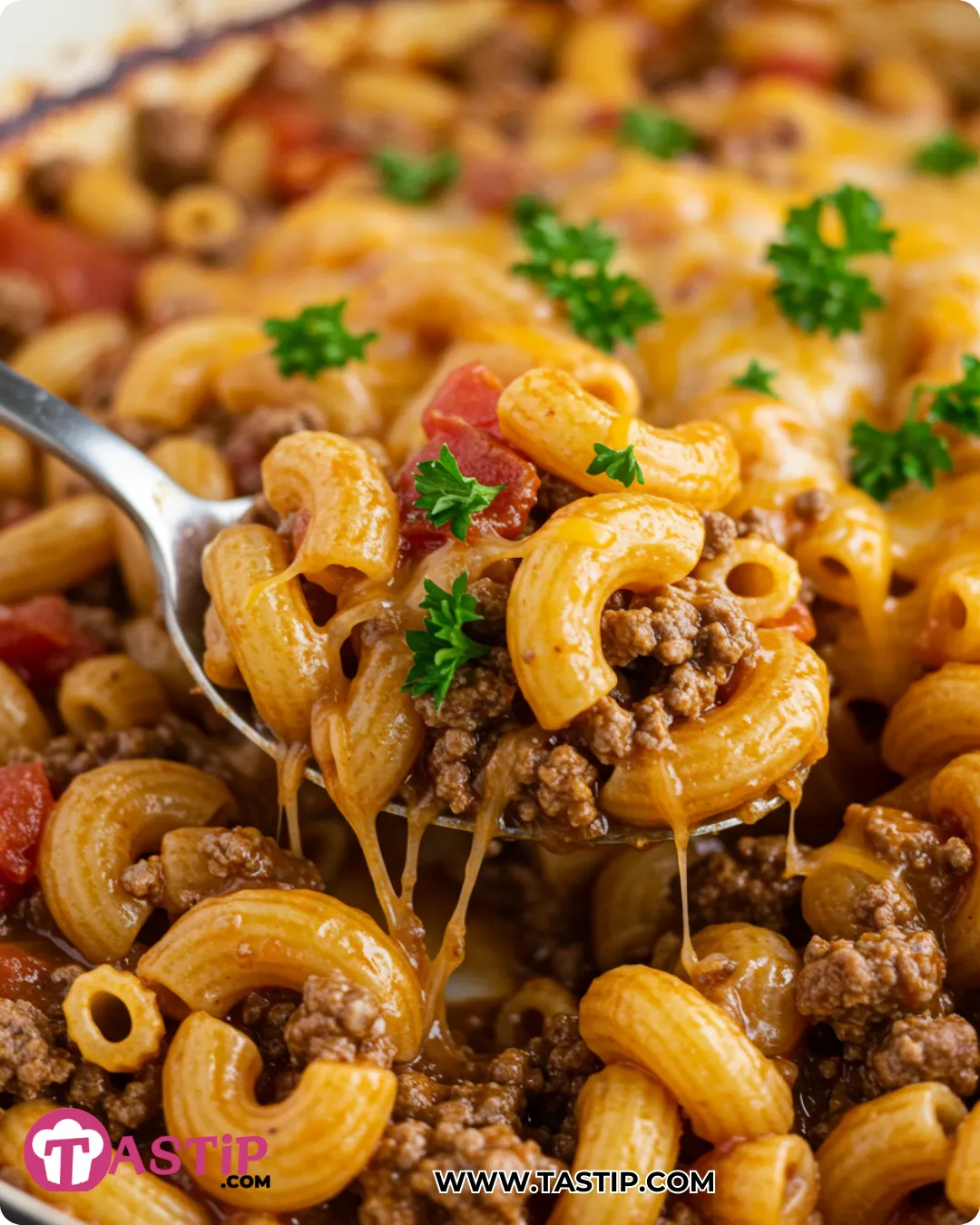 American Goulash one-pot pasta with ground beef in tomato sauce