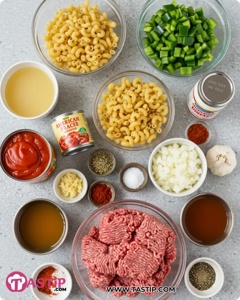 American Goulash ingredients measured and arranged