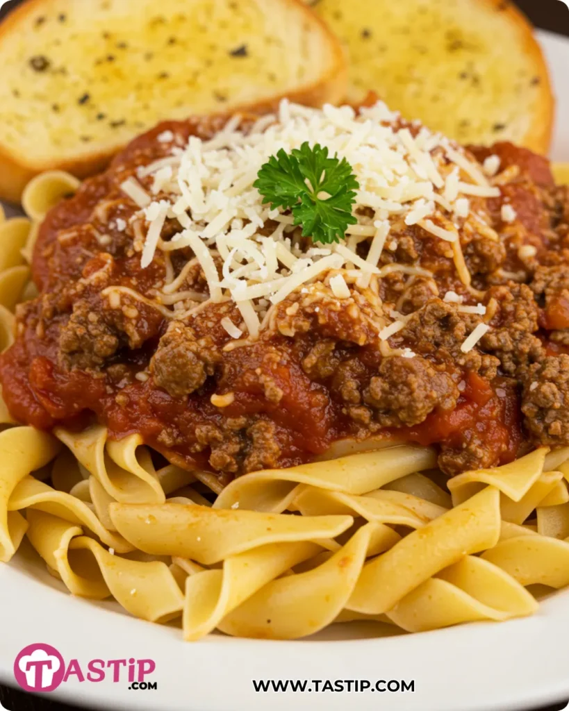 Bowl of American Goulash with Parmesan and parsley