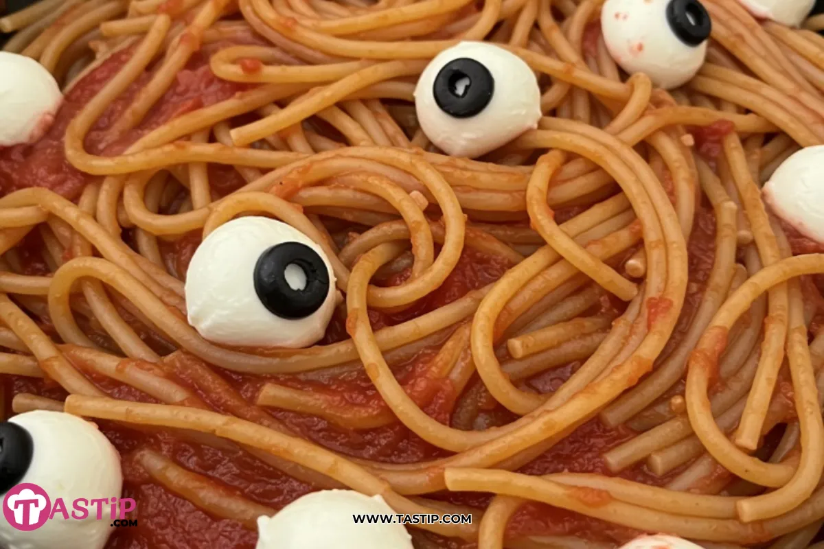 Bloody Spaghetti with Mozzarella Eyeballs